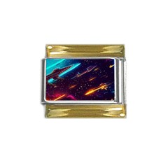 Night Sky Neon Spaceship Drawing Gold Trim Italian Charm (9mm) by Ravend