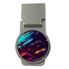 Night Sky Neon Spaceship Drawing Money Clips (round)  by Ravend