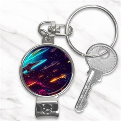 Night Sky Neon Spaceship Drawing Nail Clippers Key Chain by Ravend