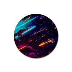 Night Sky Neon Spaceship Drawing Rubber Round Coaster (4 Pack) by Ravend