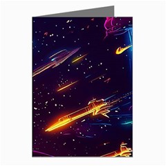 Night Sky Neon Spaceship Drawing Greeting Cards (pkg Of 8) by Ravend