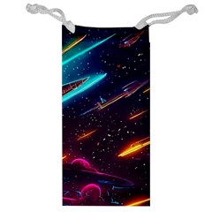 Night Sky Neon Spaceship Drawing Jewelry Bag by Ravend