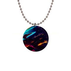 Night Sky Neon Spaceship Drawing 1  Button Necklace by Ravend