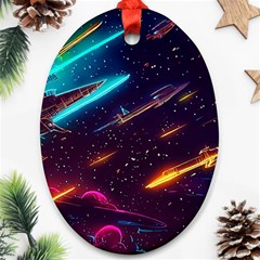 Night Sky Neon Spaceship Drawing Oval Ornament (two Sides)