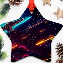 Night Sky Neon Spaceship Drawing Star Ornament (two Sides) by Ravend