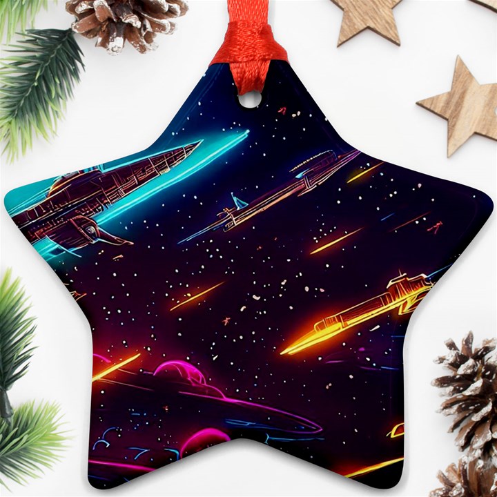 Night Sky Neon Spaceship Drawing Star Ornament (Two Sides)