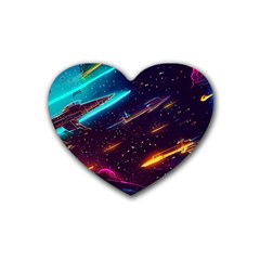 Night Sky Neon Spaceship Drawing Rubber Heart Coaster (4 Pack) by Ravend