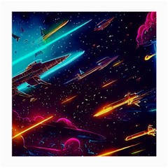 Night Sky Neon Spaceship Drawing Medium Glasses Cloth (2 Sides) by Ravend