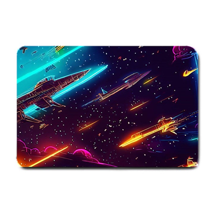 Night Sky Neon Spaceship Drawing Small Doormat