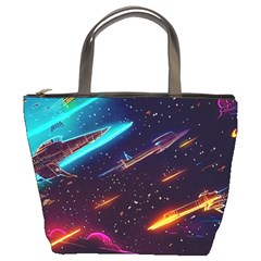 Night Sky Neon Spaceship Drawing Bucket Bag by Ravend