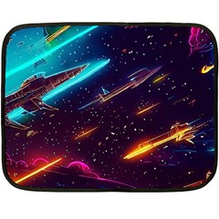 Night Sky Neon Spaceship Drawing Fleece Blanket (mini) by Ravend