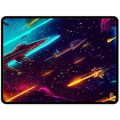 Night Sky Neon Spaceship Drawing Fleece Blanket (large) by Ravend