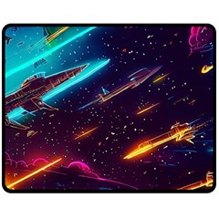 Night Sky Neon Spaceship Drawing Fleece Blanket (medium) by Ravend