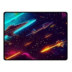 Night Sky Neon Spaceship Drawing Fleece Blanket (small) by Ravend