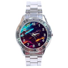 Night Sky Neon Spaceship Drawing Stainless Steel Analogue Watch by Ravend