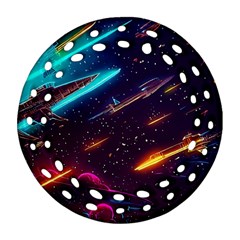 Night Sky Neon Spaceship Drawing Ornament (round Filigree) by Ravend