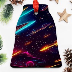 Night Sky Neon Spaceship Drawing Bell Ornament (two Sides) by Ravend