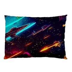 Night Sky Neon Spaceship Drawing Pillow Case (two Sides) by Ravend