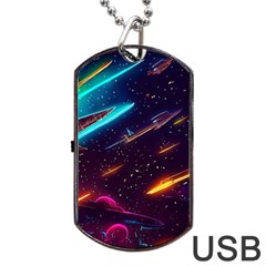 Night Sky Neon Spaceship Drawing Dog Tag Usb Flash (one Side) by Ravend