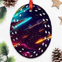 Night Sky Neon Spaceship Drawing Oval Filigree Ornament (two Sides) by Ravend