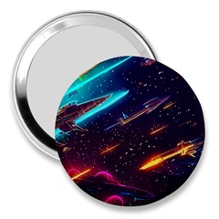 Night Sky Neon Spaceship Drawing 3  Handbag Mirrors by Ravend