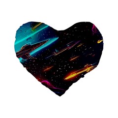 Night Sky Neon Spaceship Drawing Standard 16  Premium Heart Shape Cushions by Ravend