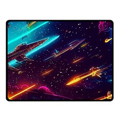 Night Sky Neon Spaceship Drawing Two Sides Fleece Blanket (small) by Ravend