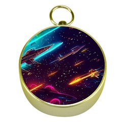 Night Sky Neon Spaceship Drawing Gold Compasses by Ravend