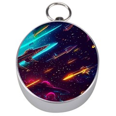 Night Sky Neon Spaceship Drawing Silver Compasses by Ravend