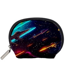 Night Sky Neon Spaceship Drawing Accessory Pouch (small) by Ravend