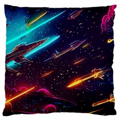 Night Sky Neon Spaceship Drawing Large Premium Plush Fleece Cushion Case (one Side) by Ravend