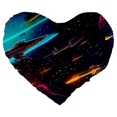 Night Sky Neon Spaceship Drawing Large 19  Premium Flano Heart Shape Cushions by Ravend