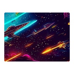 Night Sky Neon Spaceship Drawing Two Sides Premium Plush Fleece Blanket (mini) by Ravend