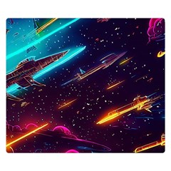 Night Sky Neon Spaceship Drawing Two Sides Premium Plush Fleece Blanket (small) by Ravend