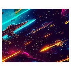 Night Sky Neon Spaceship Drawing Two Sides Premium Plush Fleece Blanket (medium) by Ravend