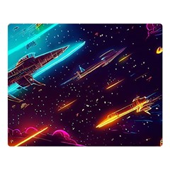 Night Sky Neon Spaceship Drawing Two Sides Premium Plush Fleece Blanket (large) by Ravend