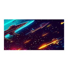 Night Sky Neon Spaceship Drawing Satin Wrap 35  X 70  by Ravend