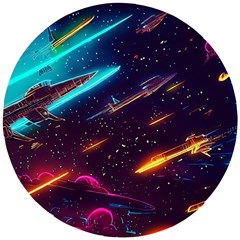 Night Sky Neon Spaceship Drawing Wooden Puzzle Round by Ravend