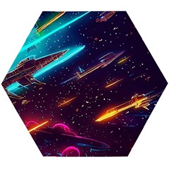 Night Sky Neon Spaceship Drawing Wooden Puzzle Hexagon by Ravend