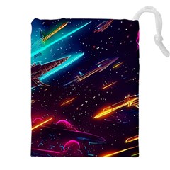 Night Sky Neon Spaceship Drawing Drawstring Pouch (4xl) by Ravend