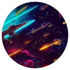 Night Sky Neon Spaceship Drawing Round Trivet by Ravend