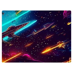 Night Sky Neon Spaceship Drawing Premium Plush Fleece Blanket (extra Small) by Ravend