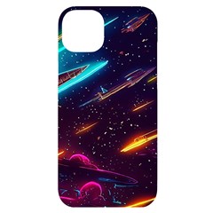 Night Sky Neon Spaceship Drawing Iphone 14 Plus Black Uv Print Case by Ravend