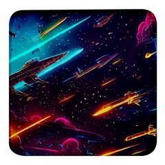 Night Sky Neon Spaceship Drawing Square Glass Fridge Magnet (4 Pack) by Ravend