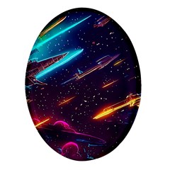 Night Sky Neon Spaceship Drawing Oval Glass Fridge Magnet (4 Pack) by Ravend