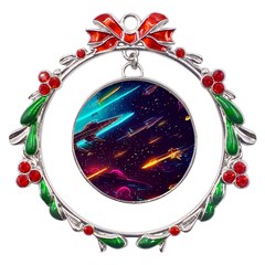 Night Sky Neon Spaceship Drawing Metal X mas Wreath Ribbon Ornament by Ravend