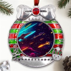 Night Sky Neon Spaceship Drawing Metal X mas Ribbon With Red Crystal Round Ornament by Ravend