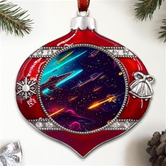 Night Sky Neon Spaceship Drawing Metal Snowflake And Bell Red Ornament