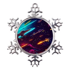 Night Sky Neon Spaceship Drawing Metal Large Snowflake Ornament by Ravend