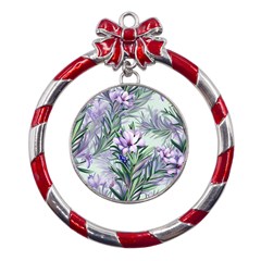 Beautiful Rosemary Floral Pattern Metal Red Ribbon Round Ornament by Ravend